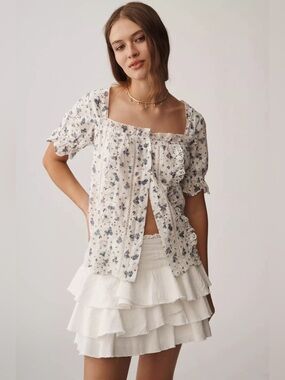 NWT Anthropologie Puff-Sleeve Eyelet Top Ivory Floral Pattern XS Runs Large